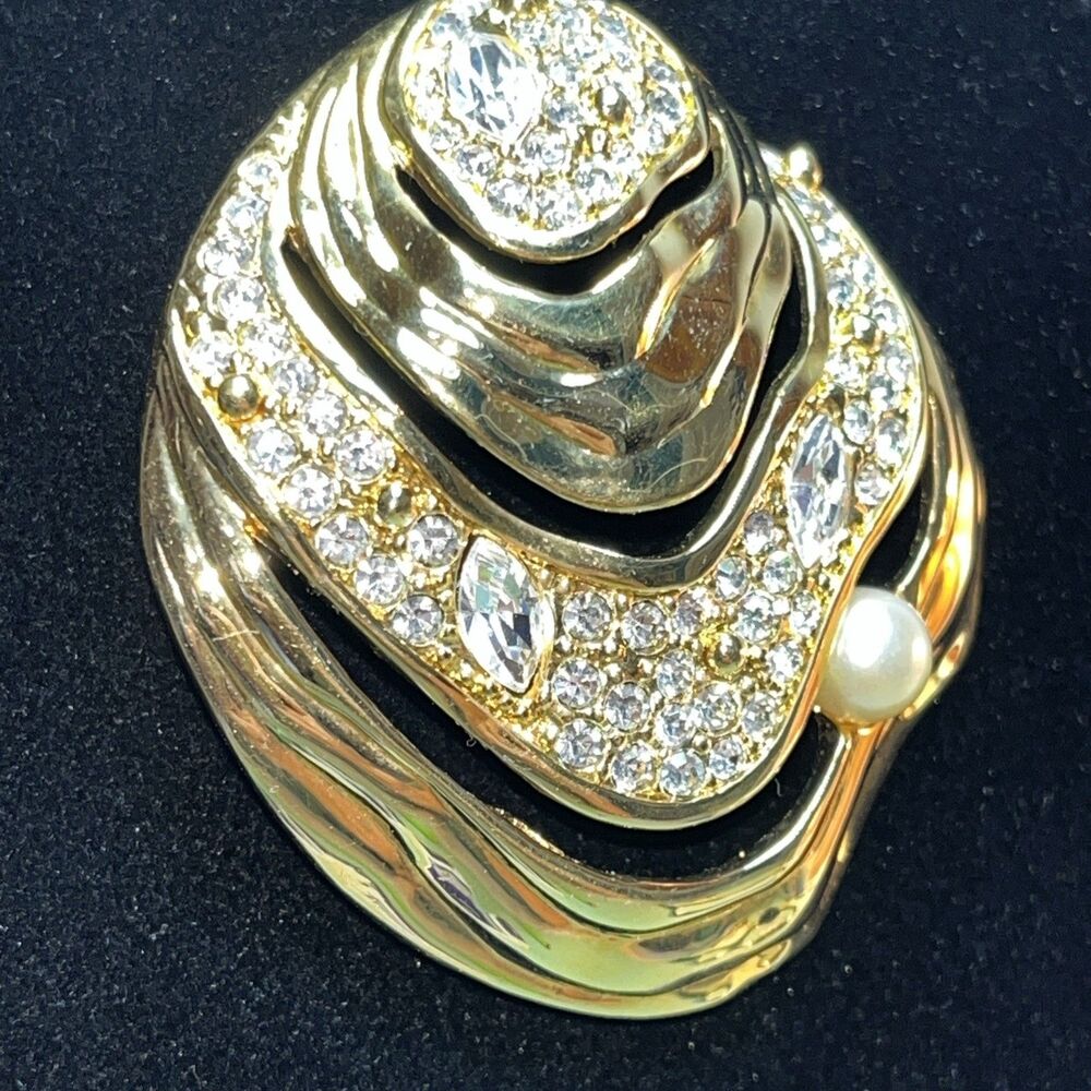 Swarovski VTG Gold Tone Brooch Pin Rhinestone & Faux Pearl Art Deco Abstract 90s